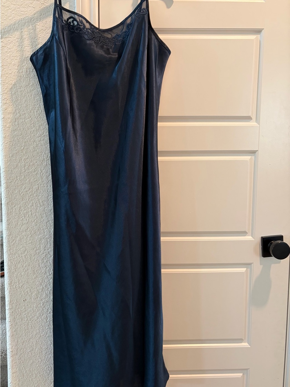 Halston Heritage Navy Satin Maxi Slip Dress with Lace Yoke